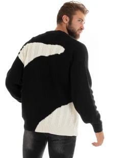 Maglioncino Uomo Girocollo Maglia Inglese Trecce Maglione Over Bicolore Nero GIOSAL-M2696A