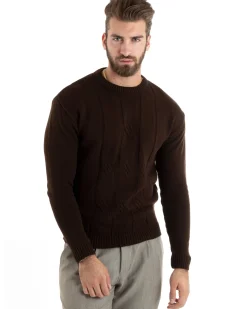 Maglioncino Uomo Girocollo Maglia Inglese Basic Trecce Marrone GIOSAL-M2717A