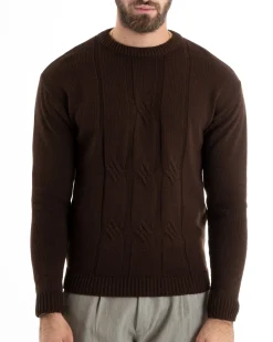 Maglioncino Uomo Girocollo Maglia Inglese Basic Trecce Marrone GIOSAL-M2717A