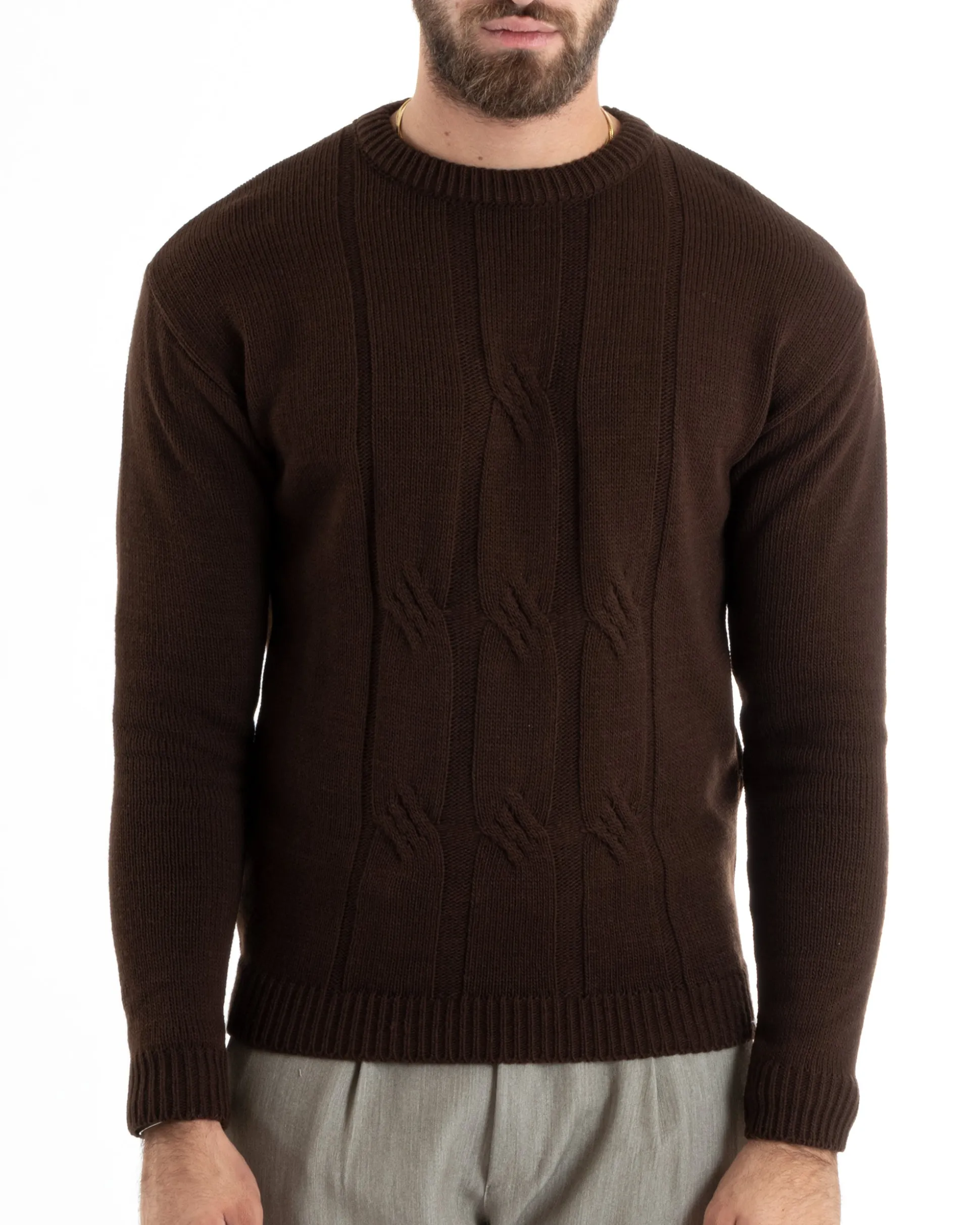Maglioncino Uomo Girocollo Maglia Inglese Basic Trecce Marrone GIOSAL-M2717A