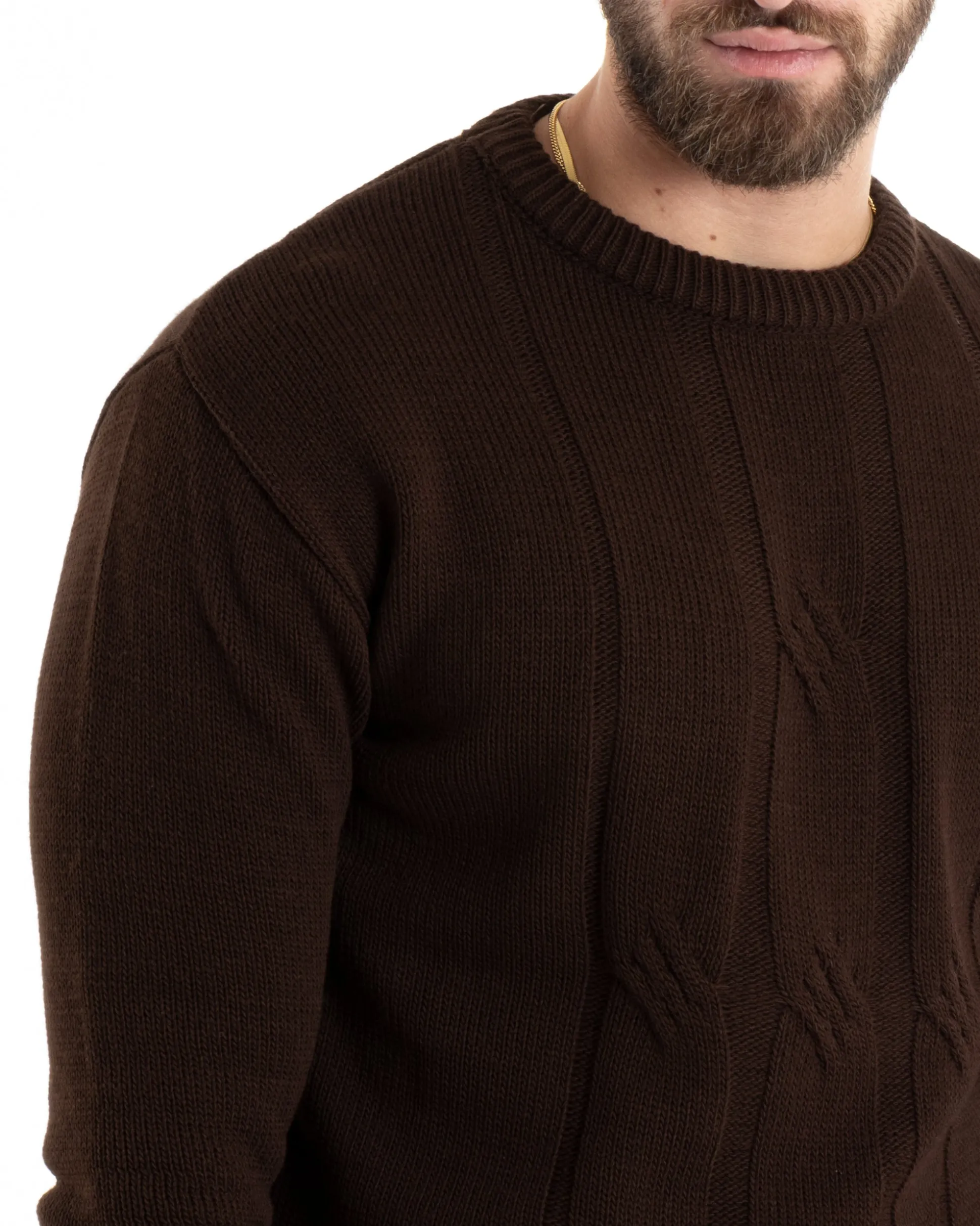 Maglioncino Uomo Girocollo Maglia Inglese Basic Trecce Marrone GIOSAL-M2717A