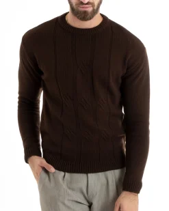 Maglioncino Uomo Girocollo Maglia Inglese Basic Trecce Marrone GIOSAL-M2717A