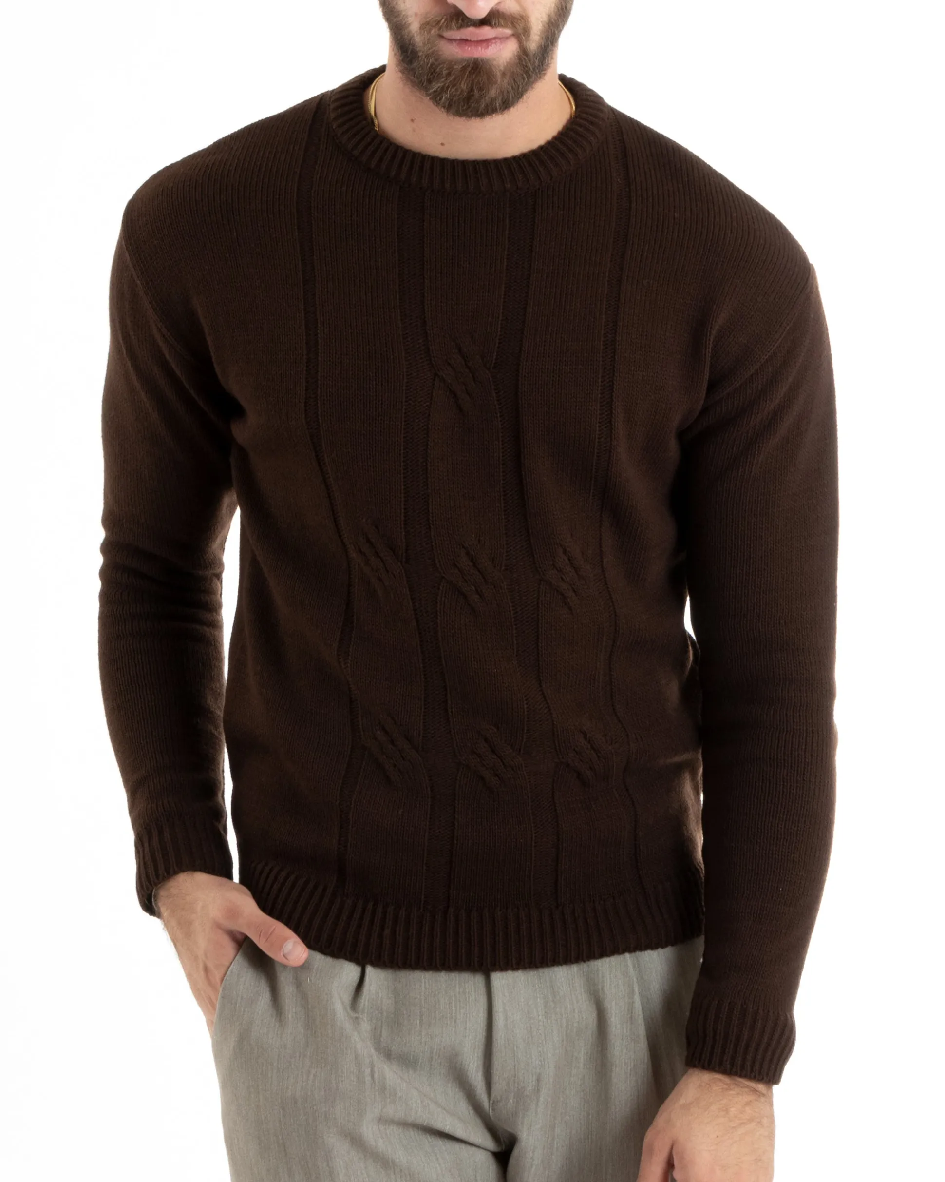 Maglioncino Uomo Girocollo Maglia Inglese Basic Trecce Marrone GIOSAL-M2717A