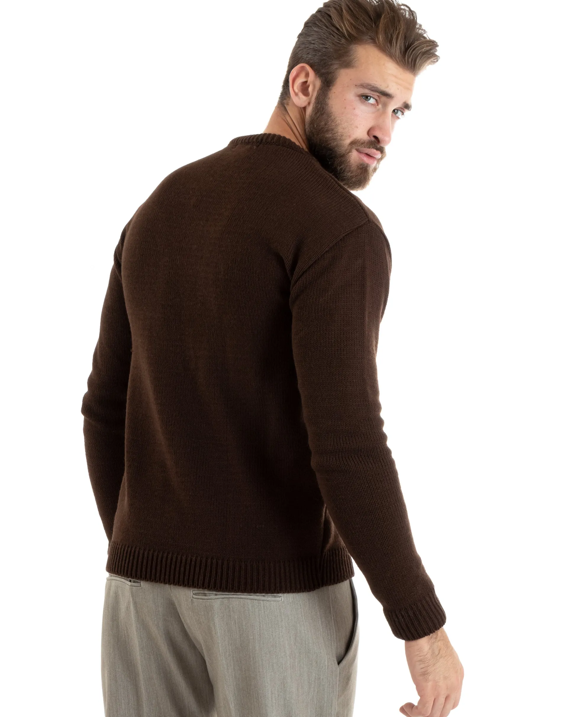 Maglioncino Uomo Girocollo Maglia Inglese Basic Trecce Marrone GIOSAL-M2717A