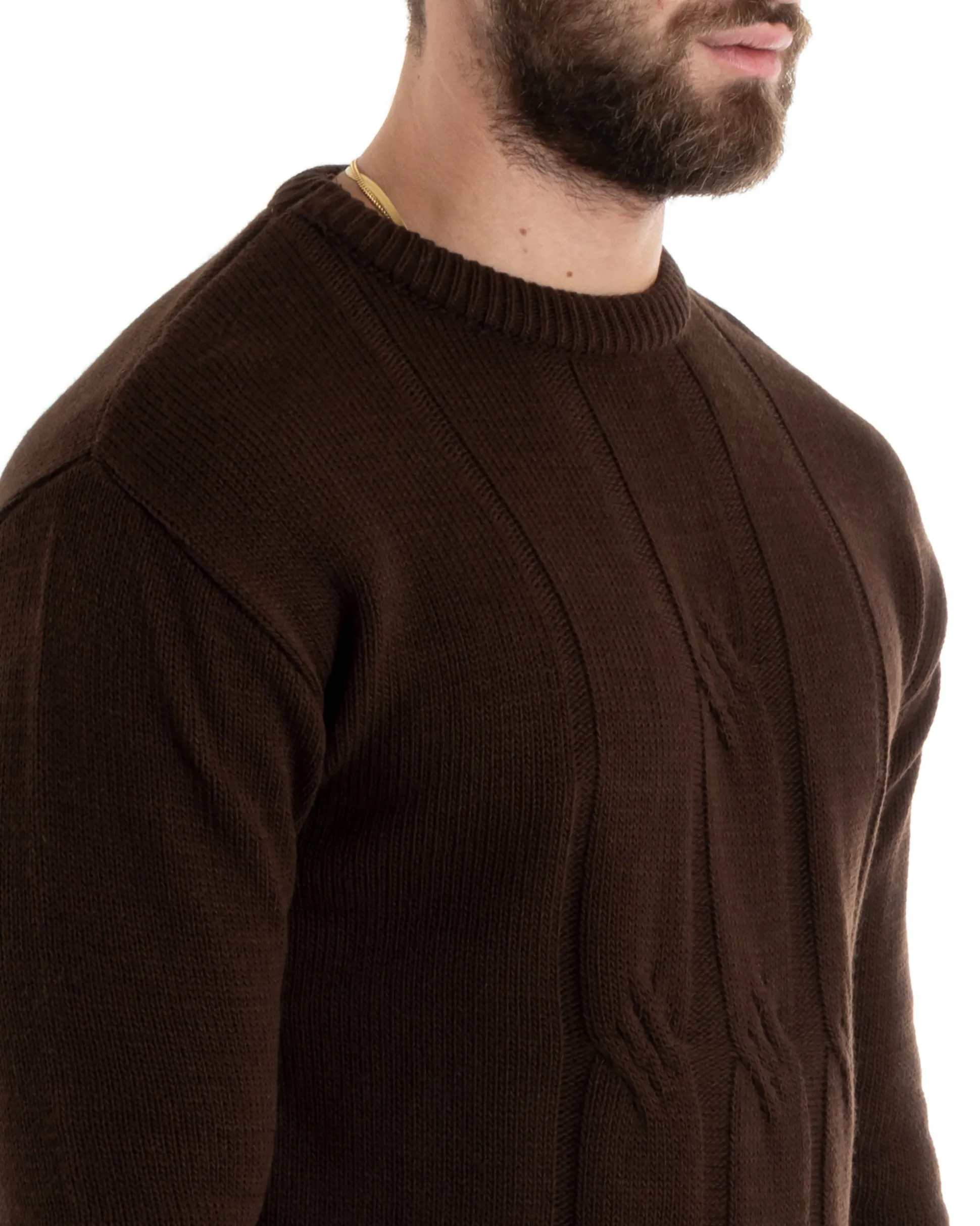 Maglioncino Uomo Girocollo Maglia Inglese Basic Trecce Marrone GIOSAL-M2717A