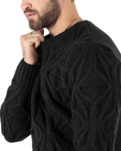 Maglioncino Uomo Girocollo Maglia Inglese Maglione Trecce Rombi Nero GIOSAL-M2789A