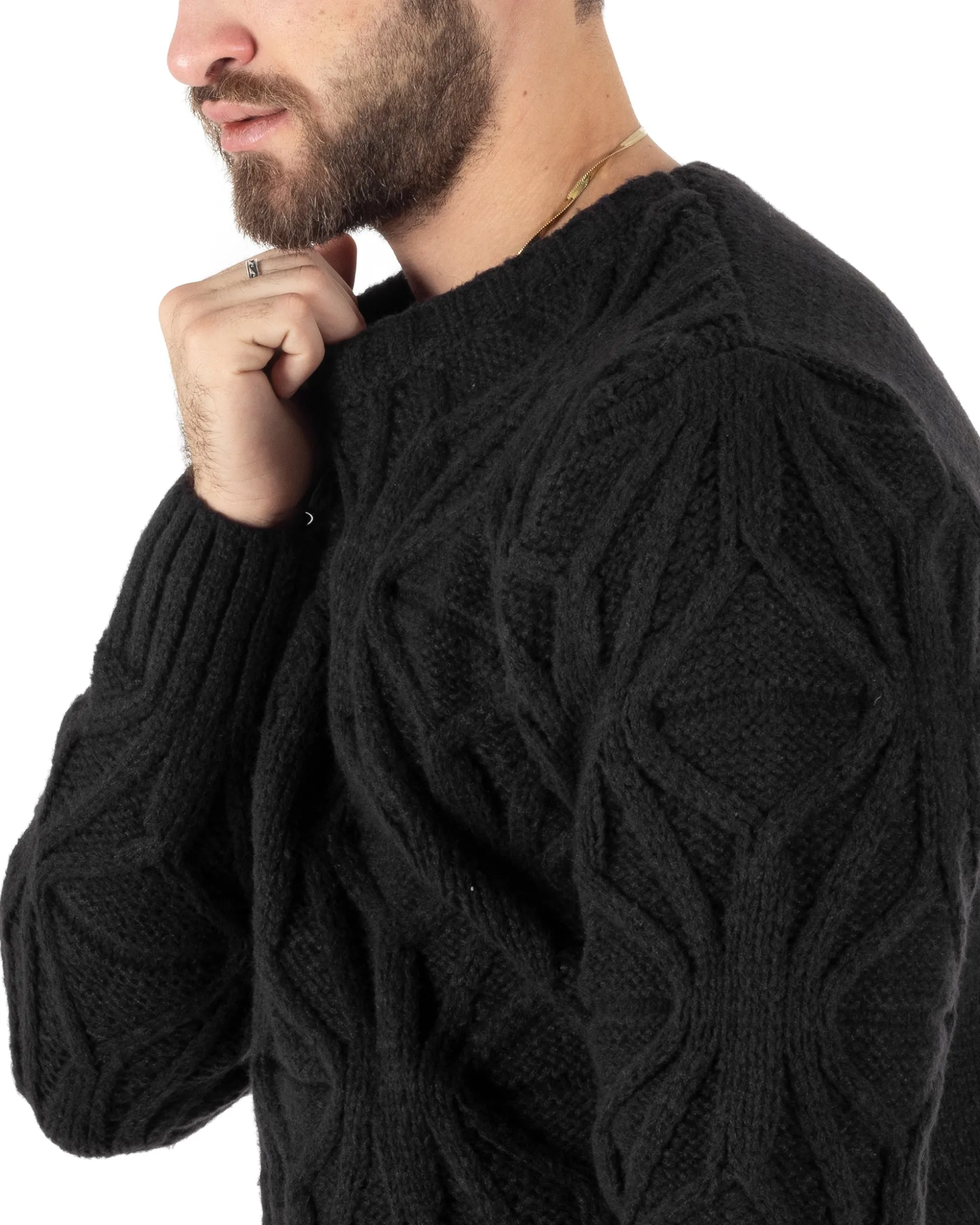 Maglioncino Uomo Girocollo Maglia Inglese Maglione Trecce Rombi Nero GIOSAL-M2789A