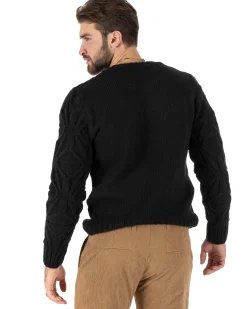 Maglioncino Uomo Girocollo Maglia Inglese Maglione Trecce Rombi Nero GIOSAL-M2789A