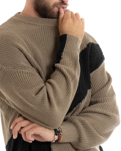 Maglioncino Uomo Girocollo Maglia Inglese Trecce Maglione Over Bicolore Beige GIOSAL-M2697A