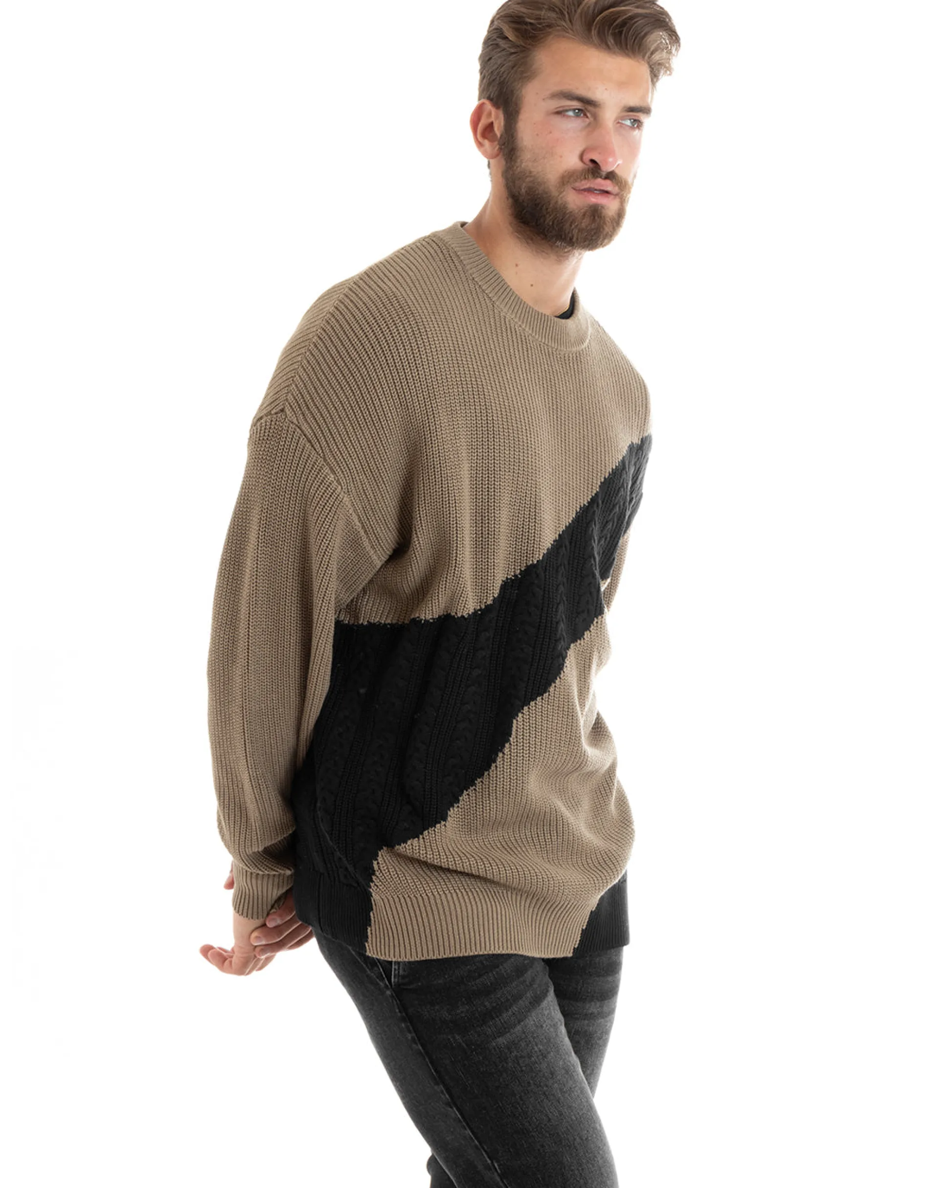 Maglioncino Uomo Girocollo Maglia Inglese Trecce Maglione Over Bicolore Beige GIOSAL-M2697A