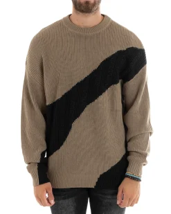 Maglioncino Uomo Girocollo Maglia Inglese Trecce Maglione Over Bicolore Beige GIOSAL-M2697A