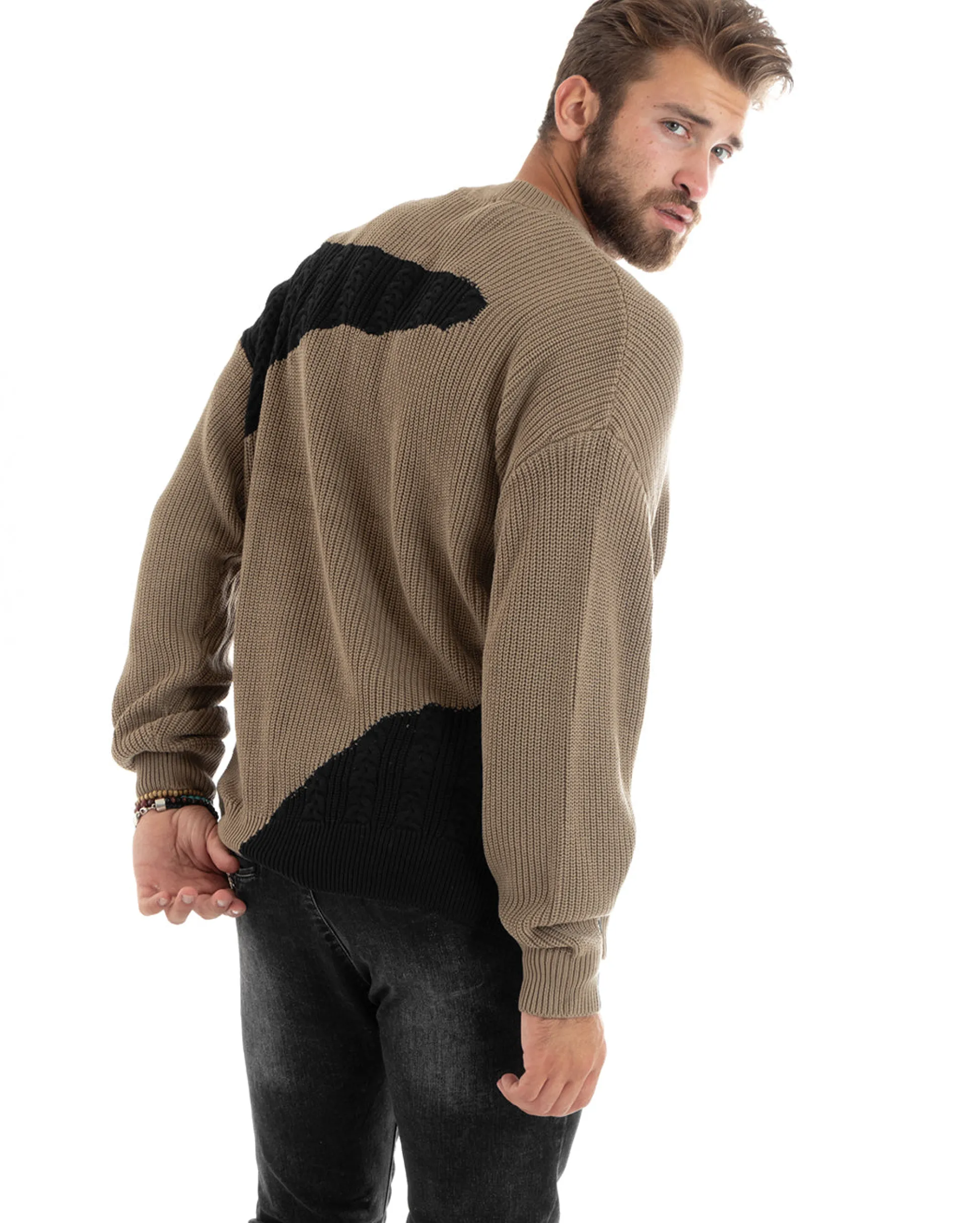 Maglioncino Uomo Girocollo Maglia Inglese Trecce Maglione Over Bicolore Beige GIOSAL-M2697A