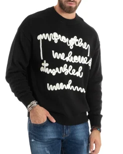 Maglioncino Uomo Girocollo Maglia Nero Maglione Over Scritta Ricamata GIOSAL-M2731A