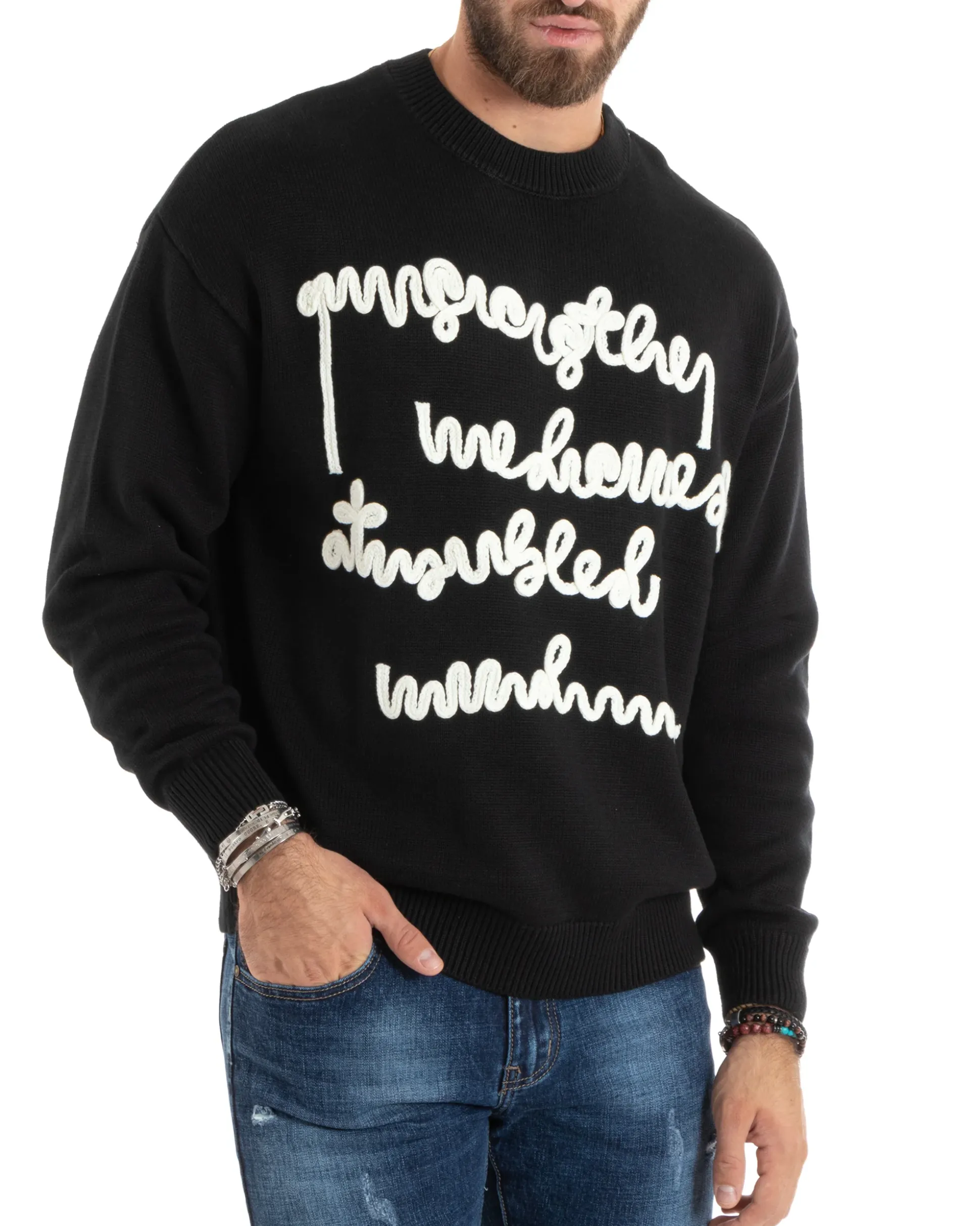 Maglioncino Uomo Girocollo Maglia Nero Maglione Over Scritta Ricamata GIOSAL-M2731A