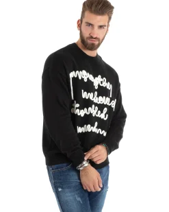 Maglioncino Uomo Girocollo Maglia Nero Maglione Over Scritta Ricamata GIOSAL-M2731A