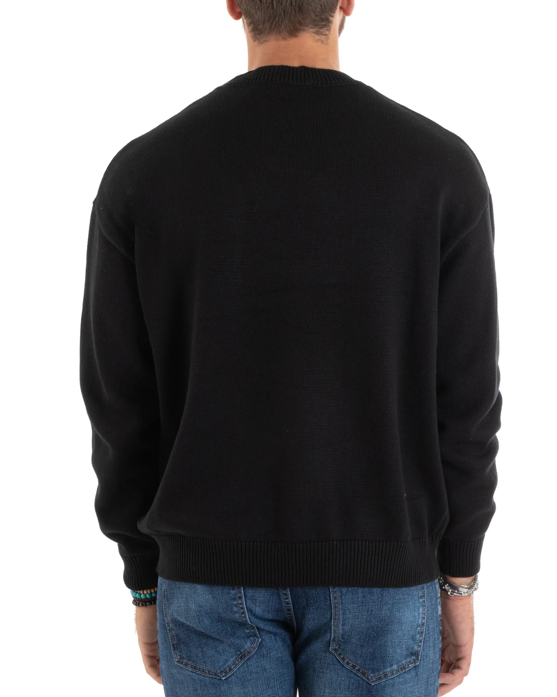 Maglioncino Uomo Girocollo Maglia Nero Maglione Over Scritta Ricamata GIOSAL-M2731A