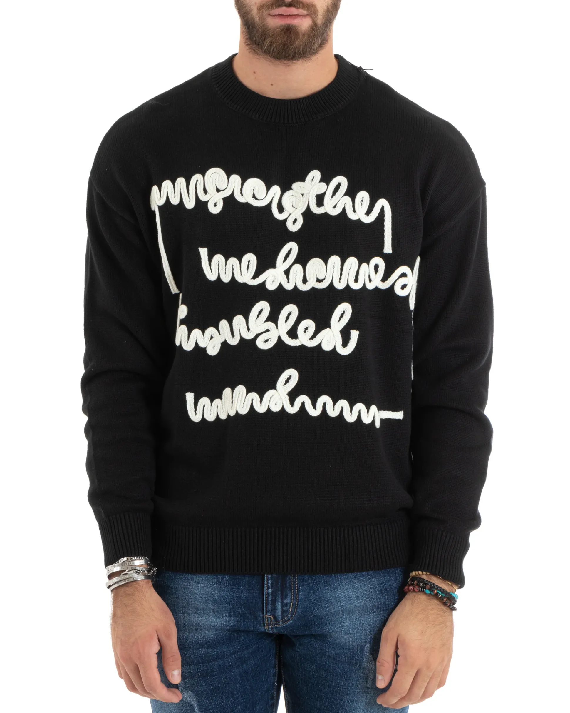 Maglioncino Uomo Girocollo Maglia Nero Maglione Over Scritta Ricamata GIOSAL-M2731A