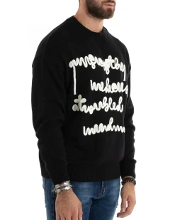 Maglioncino Uomo Girocollo Maglia Nero Maglione Over Scritta Ricamata GIOSAL-M2731A