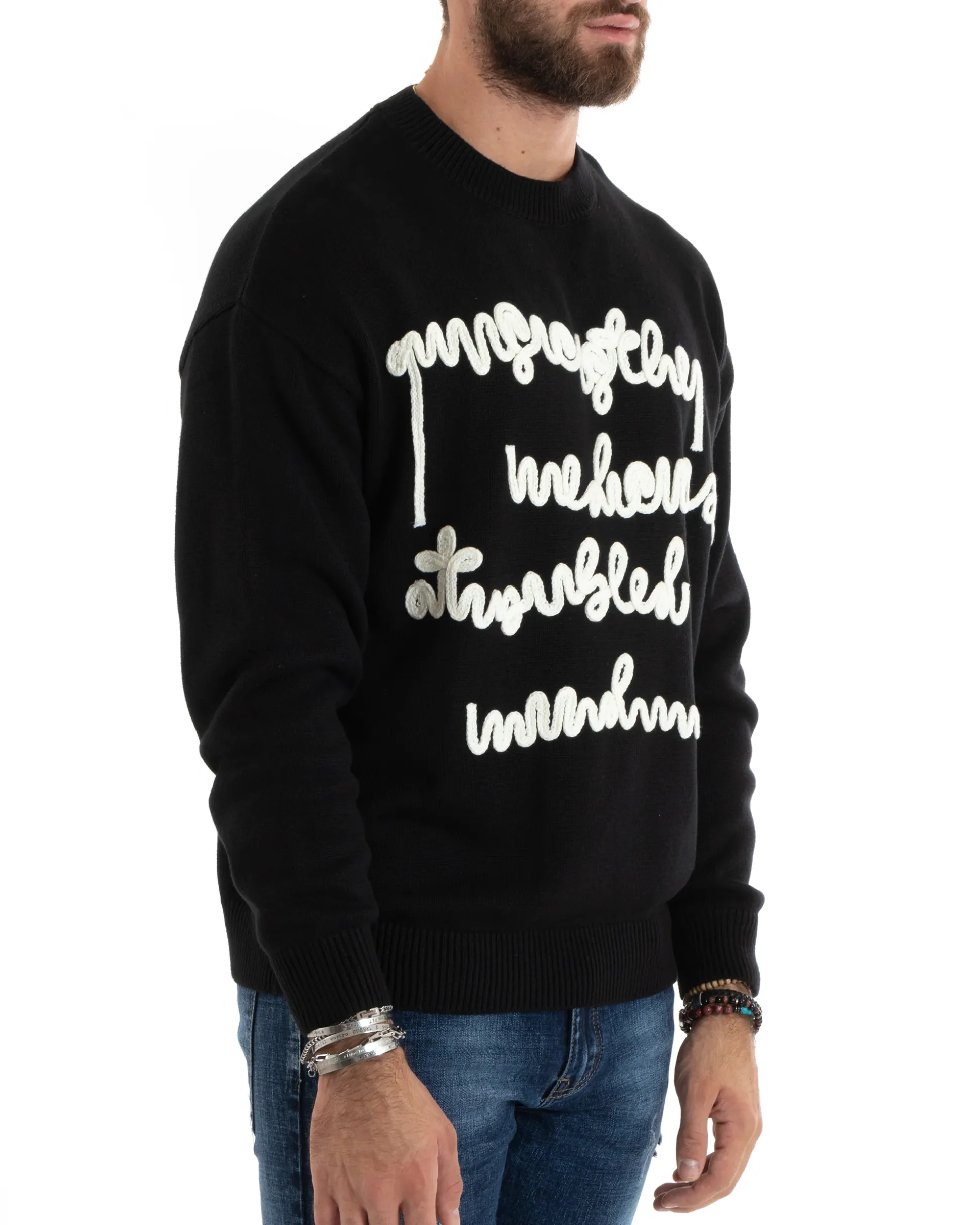 Maglioncino Uomo Girocollo Maglia Nero Maglione Over Scritta Ricamata GIOSAL-M2731A