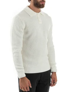 Maglioncino Uomo Maglia Inglese Casual Bottoni Polo Maniche Lunghe Tinta Unita Bianco GIOSAL-M2854A