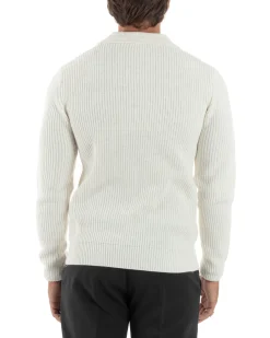 Maglioncino Uomo Maglia Inglese Casual Bottoni Polo Maniche Lunghe Tinta Unita Bianco GIOSAL-M2854A