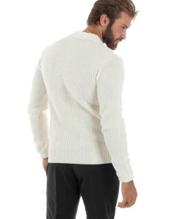 Maglioncino Uomo Maglia Inglese Casual Bottoni Polo Maniche Lunghe Tinta Unita Bianco GIOSAL-M2854A