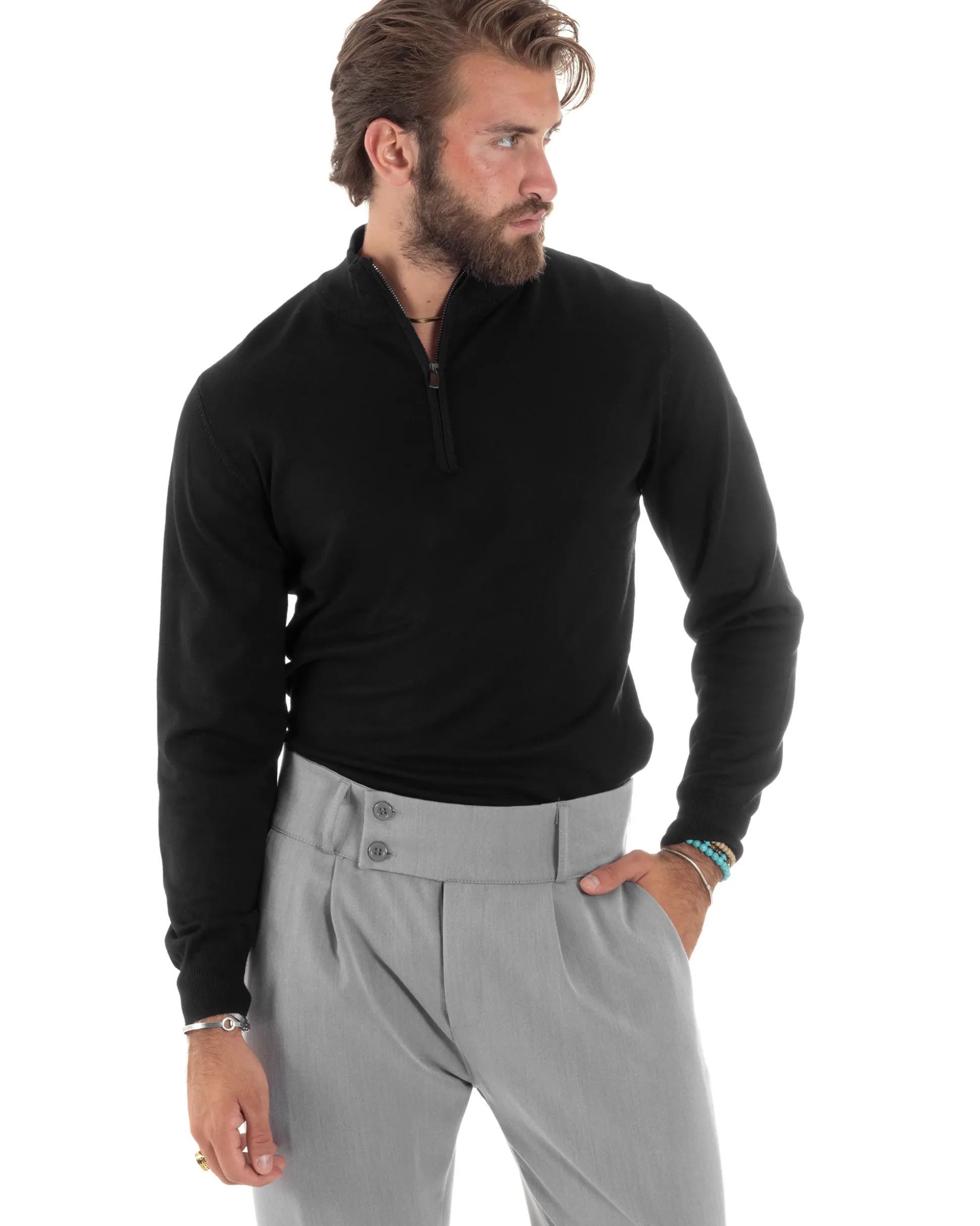 Maglioncino Uomo Maglia Maniche Lunghe Rasata Basic Pullover Mezza Zip Tinta Unita Nero GIOSAL-M2839A