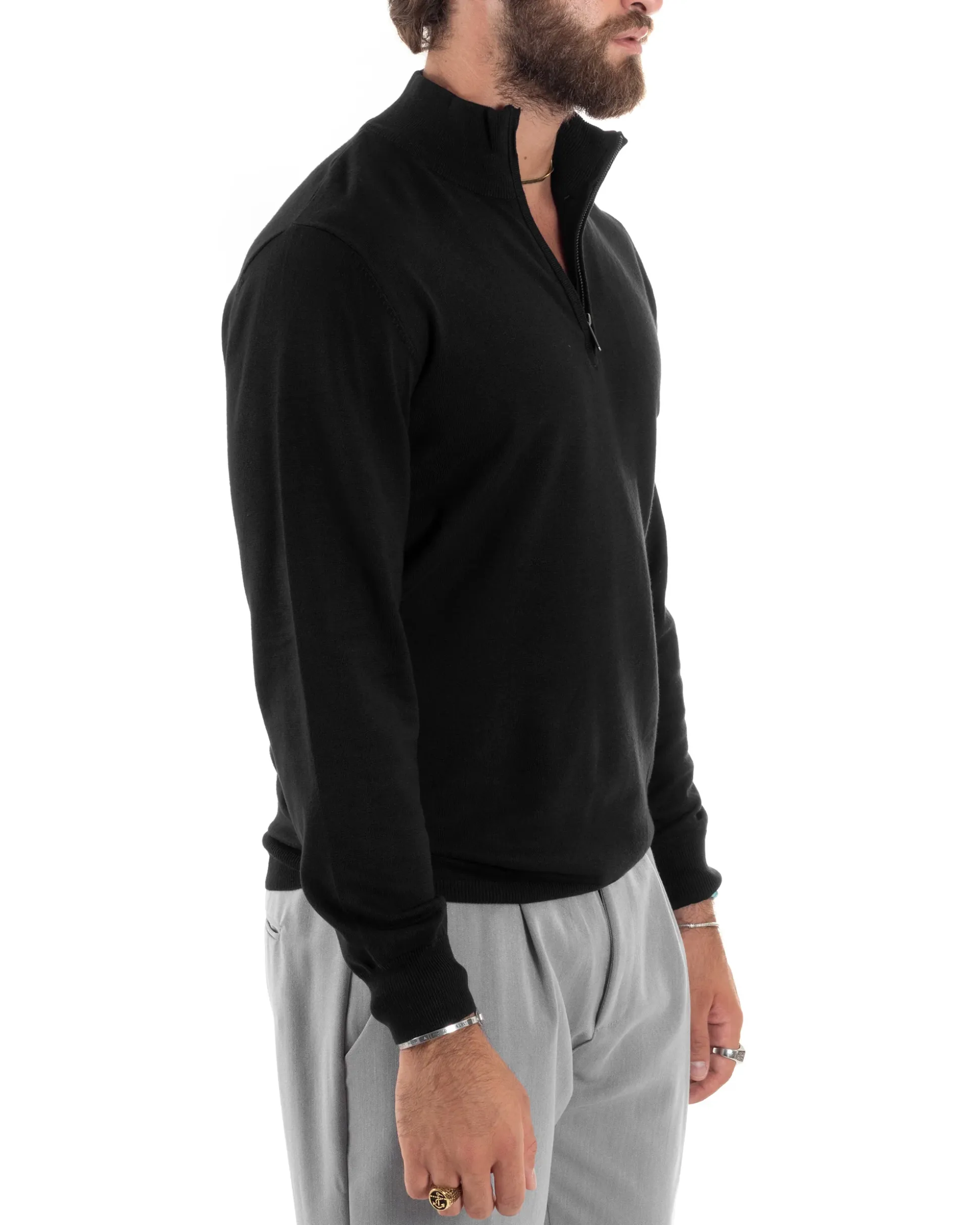 Maglioncino Uomo Maglia Maniche Lunghe Rasata Basic Pullover Mezza Zip Tinta Unita Nero GIOSAL-M2839A