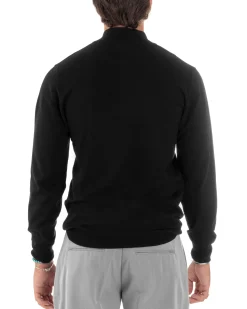 Maglioncino Uomo Maglia Maniche Lunghe Rasata Basic Pullover Mezza Zip Tinta Unita Nero GIOSAL-M2839A