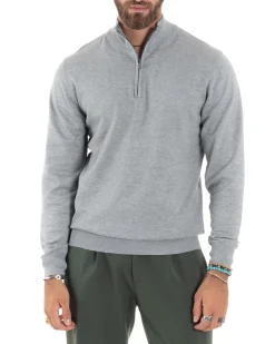 Maglioncino Uomo Maglia Maniche Lunghe Rasata Basic Pullover Mezza Zip Tinta Unita Grigio GIOSAL-M2841A
