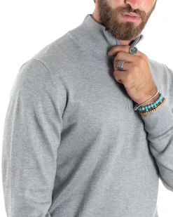 Maglioncino Uomo Maglia Maniche Lunghe Rasata Basic Pullover Mezza Zip Tinta Unita Grigio GIOSAL-M2841A