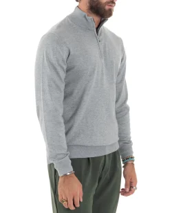 Maglioncino Uomo Maglia Maniche Lunghe Rasata Basic Pullover Mezza Zip Tinta Unita Grigio GIOSAL-M2841A