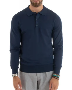 Maglioncino Uomo Maglia Polo Basic Filo Cotone Blu M2985A