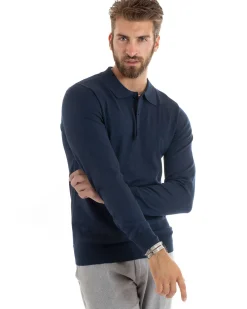 Maglioncino Uomo Maglia Polo Basic Filo Cotone Blu M2985A