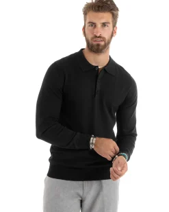 Maglioncino Uomo Maglia Polo Basic Filo Cotone Nero M2983A