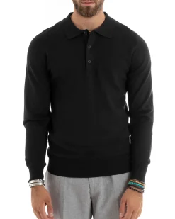 Maglioncino Uomo Maglia Polo Basic Filo Cotone Nero M2983A