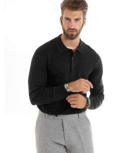 Maglioncino Uomo Maglia Polo Basic Filo Cotone Nero M2983A
