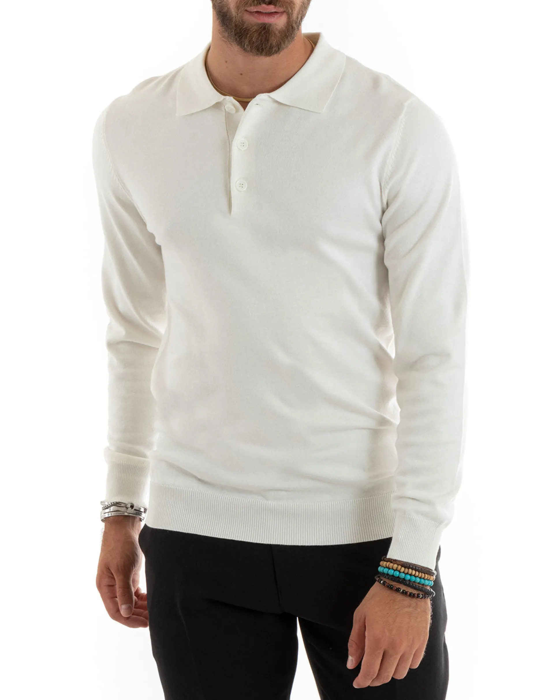 Maglioncino Uomo Maglia Polo Basic Filo Cotone Bianco M2984A