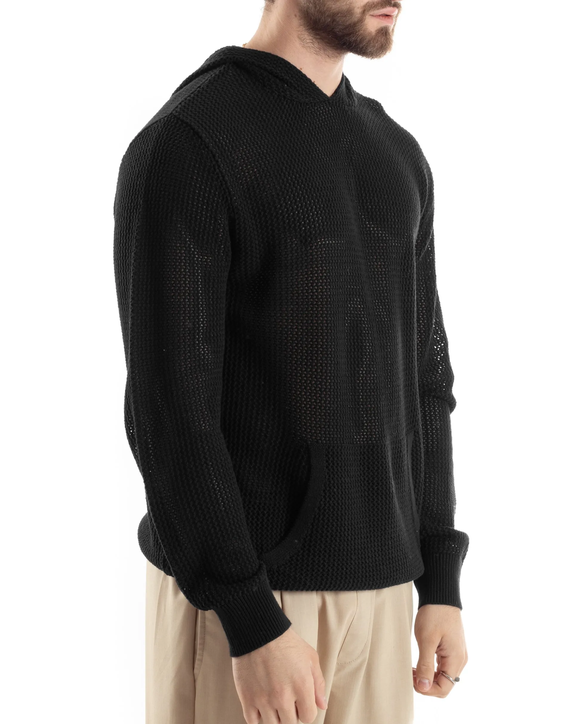 Maglioncino Uomo Traforato Con Cappuccio Maglia Bucata Tinta Unita Nero GIOSAL-M2832A