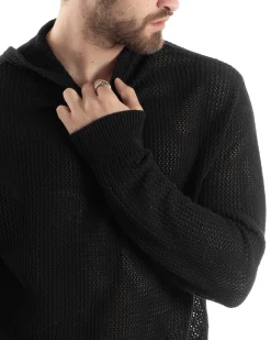Maglioncino Uomo Traforato Con Cappuccio Maglia Bucata Tinta Unita Nero GIOSAL-M2832A