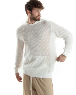 Maglioncino Uomo Traforato Con Cappuccio Maglia Bucata Tinta Unita Bianco GIOSAL-M2834A