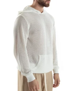 Maglioncino Uomo Traforato Con Cappuccio Maglia Bucata Tinta Unita Bianco GIOSAL-M2834A