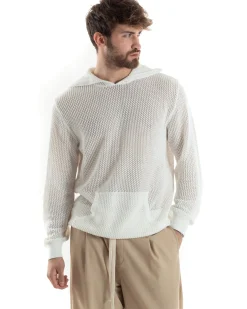 Maglioncino Uomo Traforato Con Cappuccio Maglia Bucata Tinta Unita Bianco GIOSAL-M2834A
