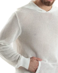 Maglioncino Uomo Traforato Con Cappuccio Maglia Bucata Tinta Unita Bianco GIOSAL-M2834A