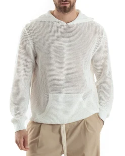 Maglioncino Uomo Traforato Con Cappuccio Maglia Bucata Tinta Unita Bianco GIOSAL-M2834A
