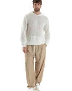 Maglioncino Uomo Traforato Con Cappuccio Maglia Bucata Tinta Unita Bianco GIOSAL-M2834A