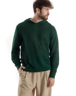 Maglioncino Uomo Traforato Con Cappuccio Maglia Bucata Tinta Unita Verde GIOSAL-M2835A