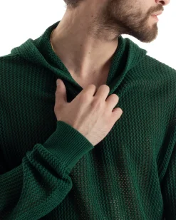 Maglioncino Uomo Traforato Con Cappuccio Maglia Bucata Tinta Unita Verde GIOSAL-M2835A