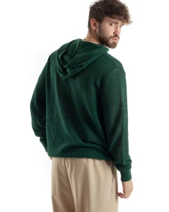Maglioncino Uomo Traforato Con Cappuccio Maglia Bucata Tinta Unita Verde GIOSAL-M2835A