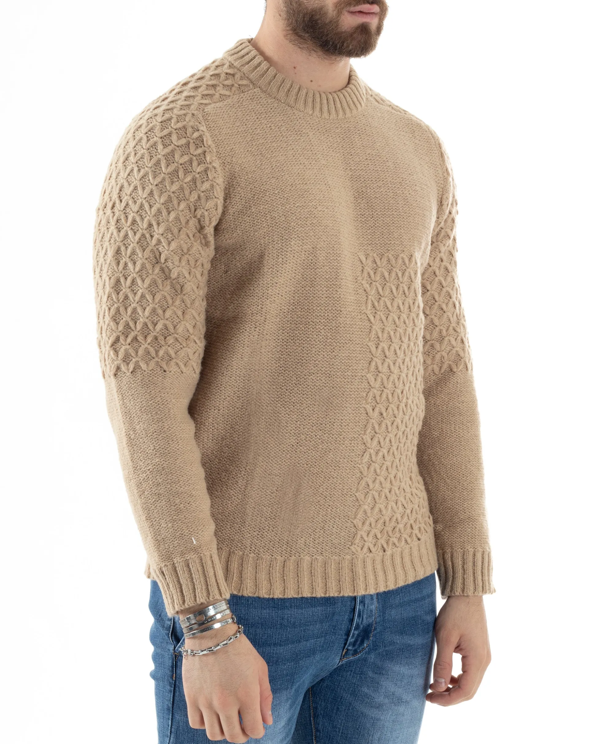 Maglione Intrecciato Uomo Girocollo Con Trecce Maglia Maglioncino Beige GIOSAL-M2797A